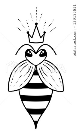 Cute bee queen with a crown, honeybee mother black and white vector illustration 129153611