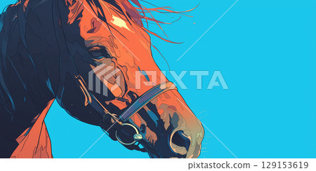 Chestnut red white horse on blue background. Banner with copy space 129153619
