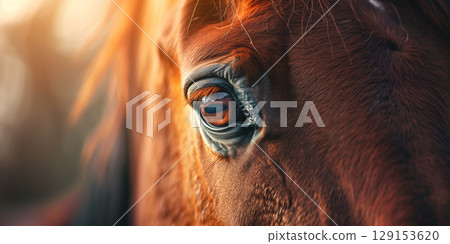 chestnut horse eye close-up, banner 129153620