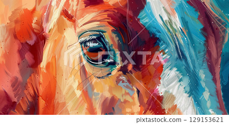 chestnut horse eye close-up, banner 129153621