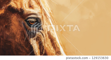horse eye close-up illustration on pastel background, banner copy space 129153630