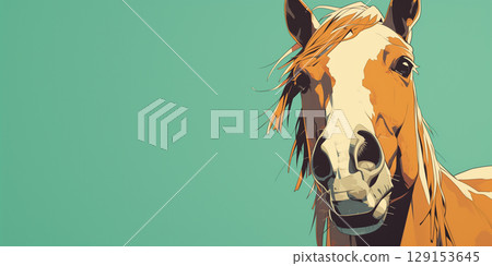 chestnut yellow dun golden white horse close-up selfie on blue background, banner copy space 129153645