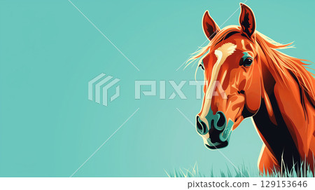 Chestnut red white horse on blue background. Banner with copy space 129153646