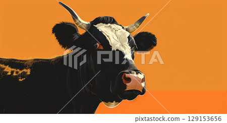 Illustration banner copy space black white cow bull on orange yellow background. 129153656