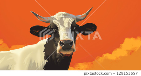 Illustration banner copy space black white cow bull on orange yellow background. Illustration banner copy space black white cow bull on orange yellow background. 129153657