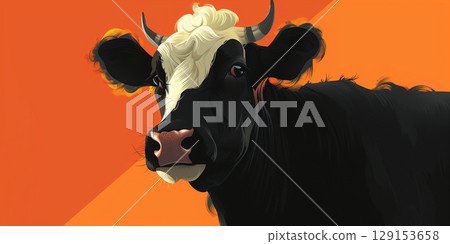 Illustration banner copy space black white cow bull on orange yellow background. Illustration banner copy space black white cow bull on orange yellow background. 129153658