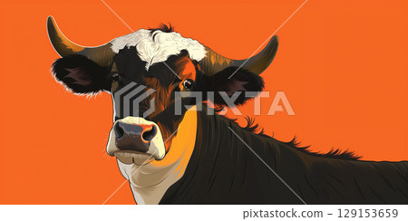 Illustration banner copy space black white cow bull on orange yellow background. Illustration banner copy space black white cow bull on orange yellow background. 129153659