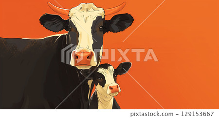 Illustration banner copy space black white cow and calf on orange yellow background. Illustration banner copy space black white cow and calf on orange yellow background. 129153667
