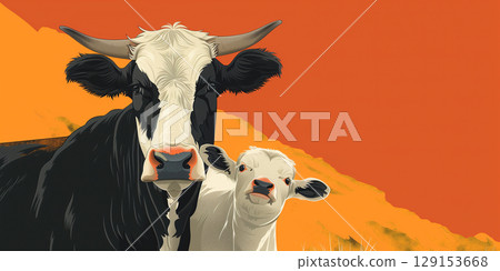 Illustration banner copy space black white cow and calf on orange yellow background. 129153668