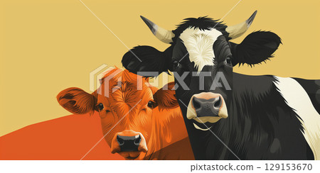 Illustration banner copy space black white cow and red calf on orange yellow background. 129153670