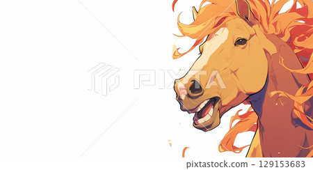 neighing creamy golden dun yellow white pastel horse, white background, banner copy space 129153683