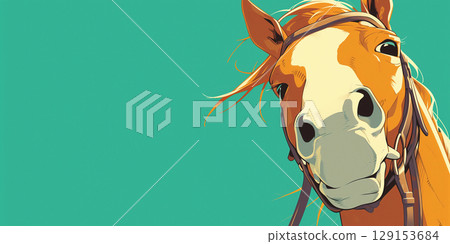 chestnut yellow dun golden white horse close-up selfie on blue background, banner copy space 129153684