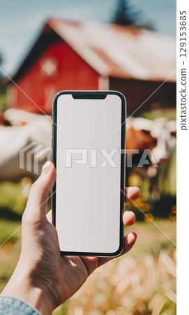 mockup phone copy space in hand with blurred cattle dairy cow farm in background 129153685