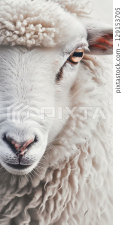 half-face portrait fluffy woolly white badge sheep eye close-up. Vertical banner 129153705