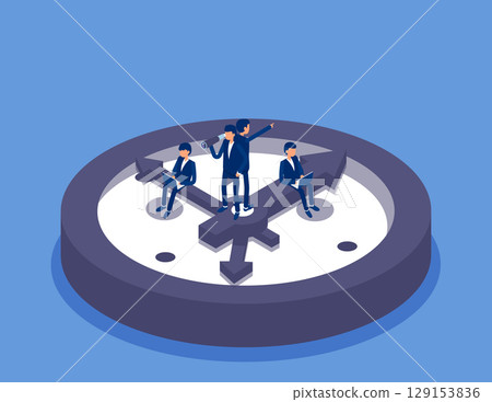 Time,Businessman sitting on minute hand and second hand working. Flat isometric vector concept Time,Businessman sitting on minute hand and second hand working. Flat isometric vector concept 129153836
