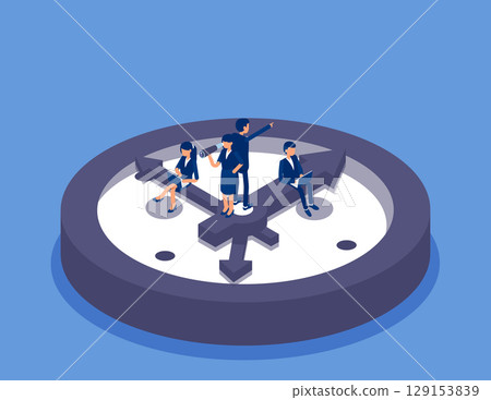 Time,Business team sitting on minute hand and second hand working. Flat isometric vector concept Time,Business team sitting on minute hand and second hand working. Flat isometric vector concept 129153839