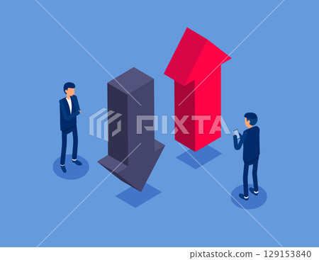 Business team with the upward and downward arrows. Flat isometric vector concept Business team with the upward and downward arrows. Flat isometric vector concept 129153840