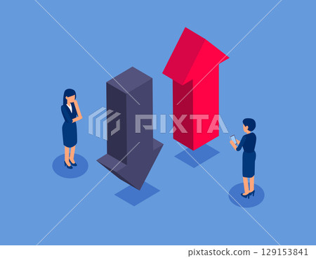 Business team with the upward and downward arrows. Flat isometric vector concept 129153841