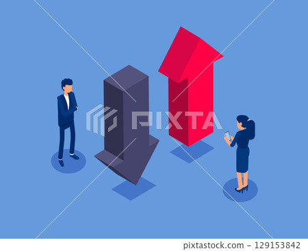 Business team with the upward and downward arrows. Flat isometric vector concept Business team with the upward and downward arrows. Flat isometric vector concept 129153842