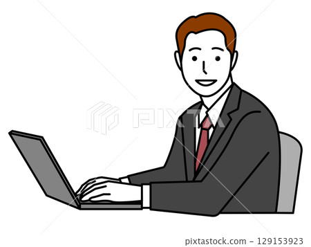 一名男子未戴眼鏡,身穿灰色西裝,面向前方操作電腦(側邊) 一名男子未戴眼鏡,身穿灰色西裝,面向前方操作電腦(側邊) 129153923