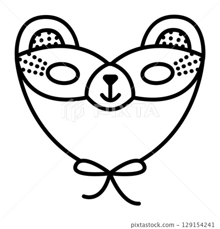 Cute bear masquerade mask with ties, carnival black line illustration Cute bear masquerade mask with ties, carnival black line illustration 129154241