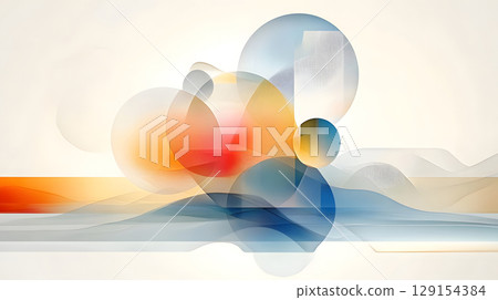 Bold geometric shapes in a modern abstract pattern, featuring circles, squares, and triangles. Ideal for digital design and creative projects. 129154384