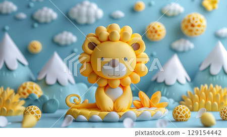 Imagination and fantasy of cute lion shaped for clay or resin cartoon and dessert for kids. Homemade festive delight bakery sweet cake and donuts on birthday party Imagination and fantasy of cute lion shaped for clay or resin cartoon and dessert for kids. Homemade festive delight bakery sweet cake and donuts on birthday party 129154442