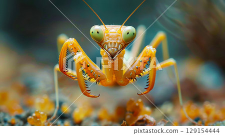 Macro of little mantis or grasshopper wildlife jumping in natural forest 129154444