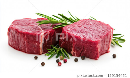 Fresh raw pork steaks with rosemary sprig and peppercorns ingredient for prepare cooking food isolated on white background 129154451