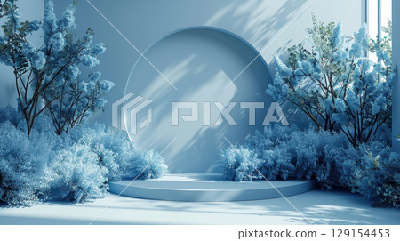 3d rendering light blue step round stone podium and mock up dry grass flower branch in natural light for product and cosmetic advertising stage display 129154453