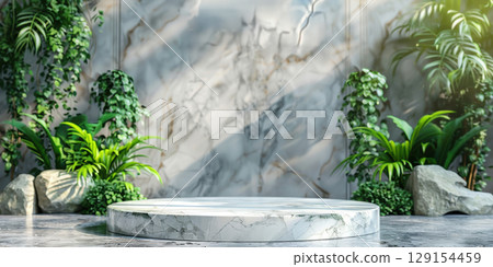 3D rendering marble granite round podium mock up on cement floor and wall in tropical rain forest in sunlight for product spa and cosmetic advertising campaign 3D rendering marble granite round podium mock up on cement floor and wall in tropical rain forest in sunlight for product spa and cosmetic advertising campaign 129154459