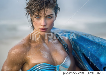 An Active Female Surfer Riding Waves with a Vibrant Blue Surfboard at Ocean Beach 129154646