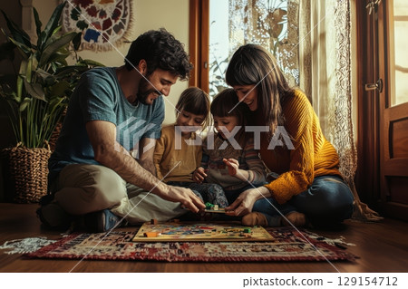 Enjoying Family Bonding Together Over a Game at Home in a Warm and Cozy Environment Enjoying Family Bonding Together Over a Game at Home in a Warm and Cozy Environment 129154712