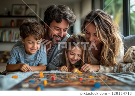 Enjoying a delightful Family Game Night filled with fun activities and board games for all Enjoying a delightful Family Game Night filled with fun activities and board games for all 129154713