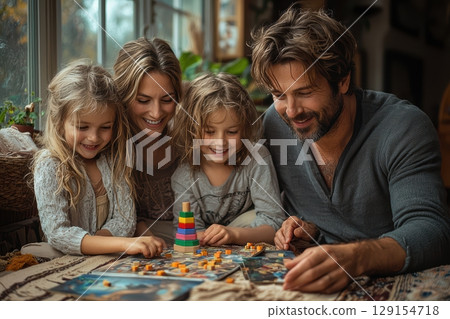 Enjoying Family Bonding Time Engaging in Games Together at Comfort of Our Home Space Enjoying Family Bonding Time Engaging in Games Together at Comfort of Our Home Space 129154718