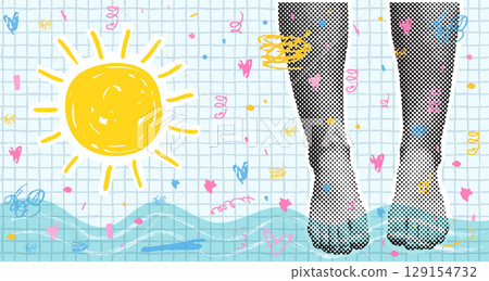 Funny Summer Vector Collage with Legs Dipping in the Sea and Cute Doodle Sun For Sale Banners, Vacation Backgrounds, and Brochures 129154732