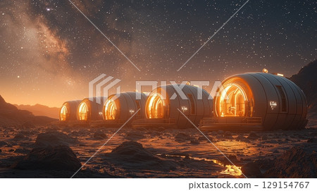 Explore the concept of a futuristic space colony situated on an alien planet during nighttime Explore the concept of a futuristic space colony situated on an alien planet during nighttime 129154767