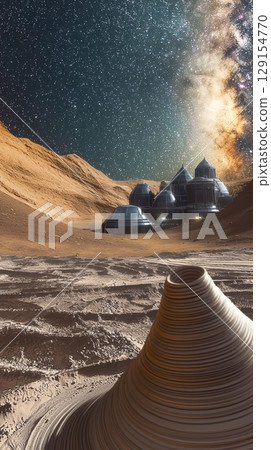 A futuristic space colony on an intriguing alien planet beneath the stunning Milky Way 129154770