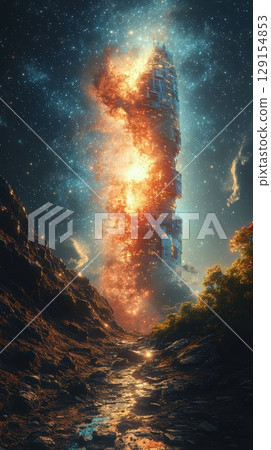 The Majestic Celestial Tower Under the Vast Cosmic Skies of the Enchanting Universe The Majestic Celestial Tower Under the Vast Cosmic Skies of the Enchanting Universe 129154853