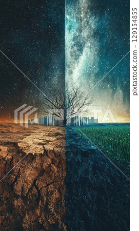 A futuristic landscape vividly contrasts desolation and hope, reflecting lifes duality A futuristic landscape vividly contrasts desolation and hope, reflecting lifes duality 129154855