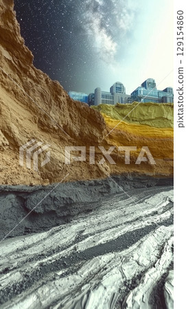 A stunning futuristic landscape art blending urban and nature, with vibrant colors and depth 129154860