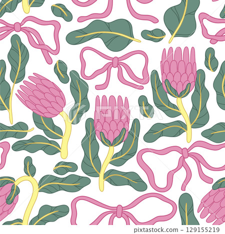 Seamless pattern with protea flowers and pink bows in retro style. Vector illustration, abstract shapes. 129155219