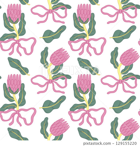 Seamless pattern with protea flowers and pink bows in retro style. Vector illustration, abstract shapes. 129155220