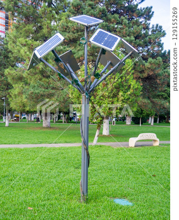 Solar panels in the shape of a tree. Modern technologies. Solar panels in the park. Lumps on iron. Not a real tree. 129155269