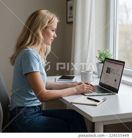 Young Woman Working on Laptop at Home by a Bright Window Young Woman Working on Laptop at Home by a Bright Window 129155449