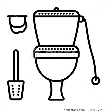 WC room: toilet bowl, paper, brush. Front view of a restroom, vector black line illustration, outline monochrome signs 129155455