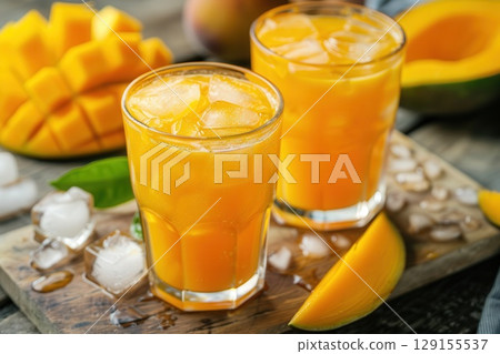 Refreshing mango juice served in glasses with ice cubes and fresh mango slices. 129155537