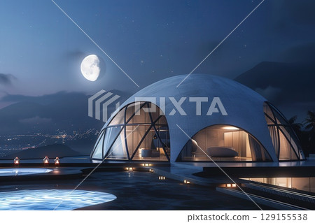 Modern futuristic dome house with glowing lights under moonlight and starry night sky. 129155538