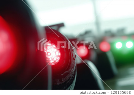 Close-up of the red lights of Formula 1 race cars waiting for the start 129155698