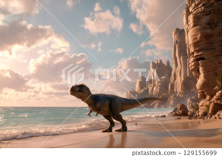 Tyrannosaurus Rex near the coastline of an ancient Cretaceous sea 129155699